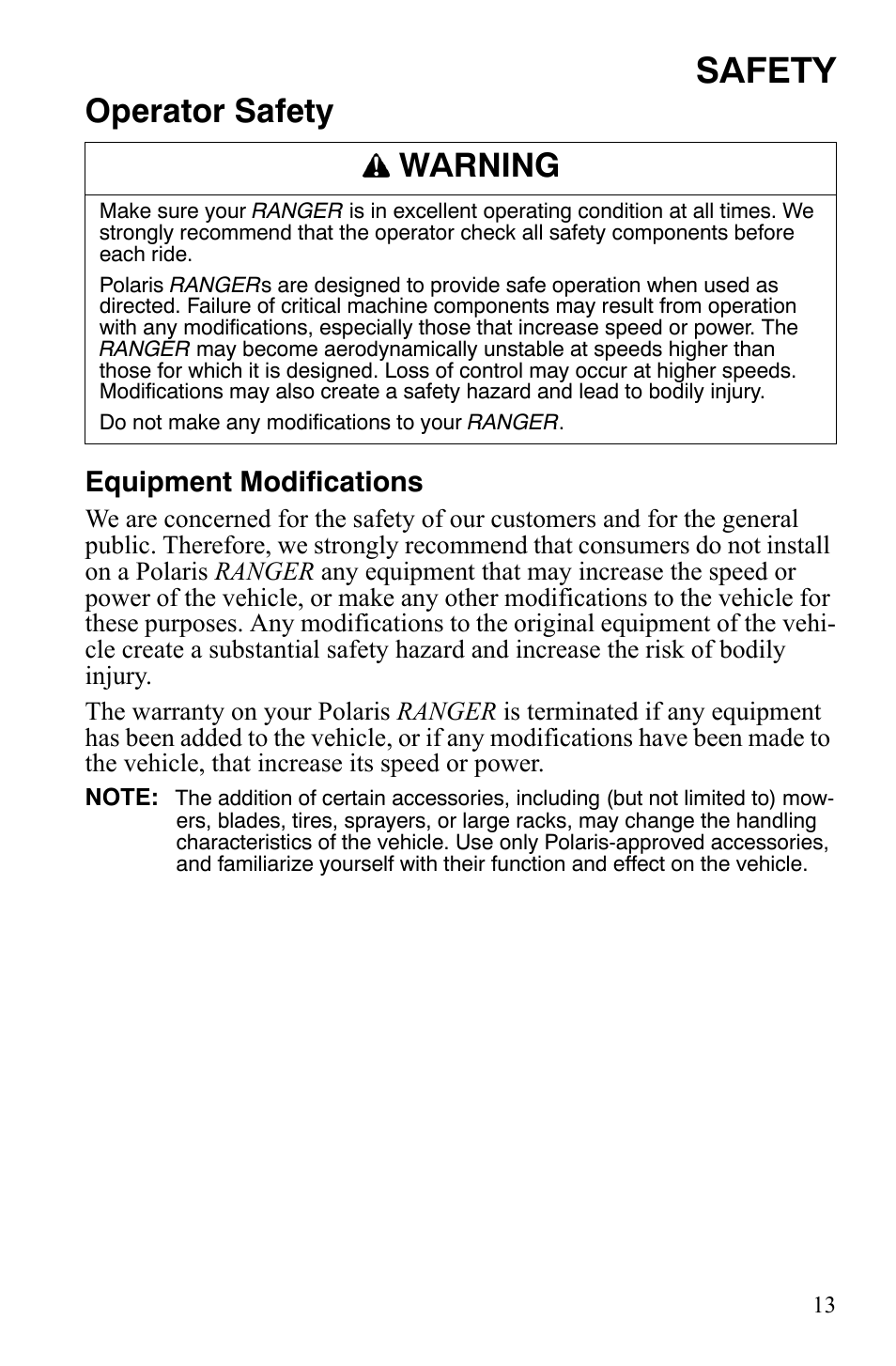 Safety, Operator safety, Warning | Equipment modifications | Polaris 2008 Ranger Crew User Manual | Page 16 / 132