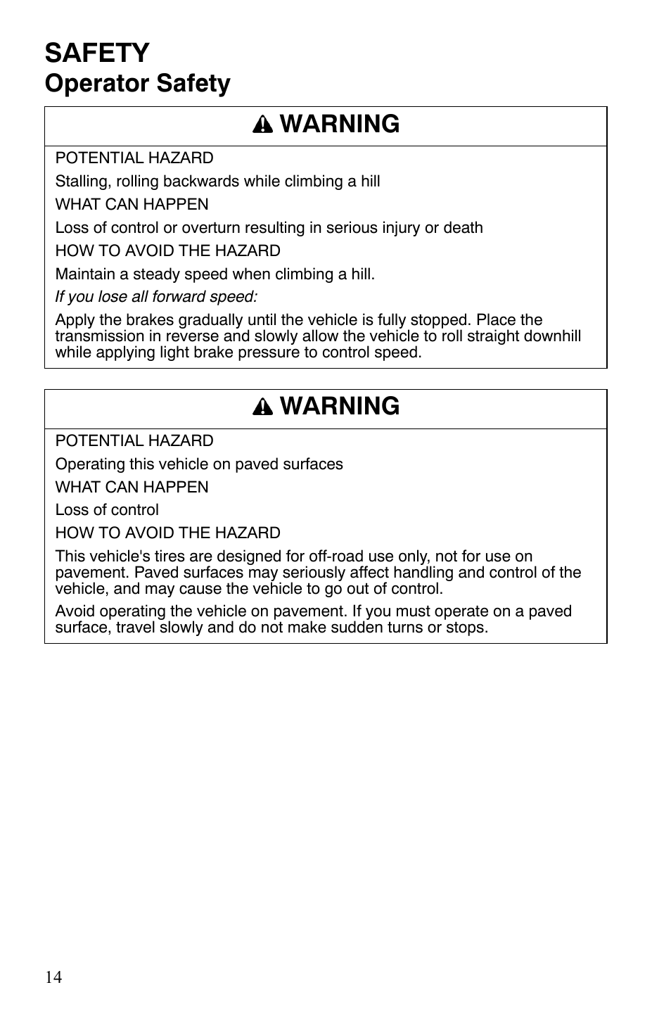 Safety, Operator safety warning, Warning | Polaris 2008 Ranger Crew User Manual | Page 17 / 132