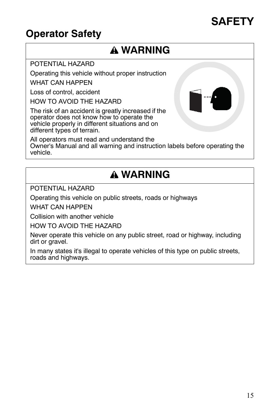 Safety, Operator safety warning, Warning | Polaris 2008 Ranger Crew User Manual | Page 18 / 132