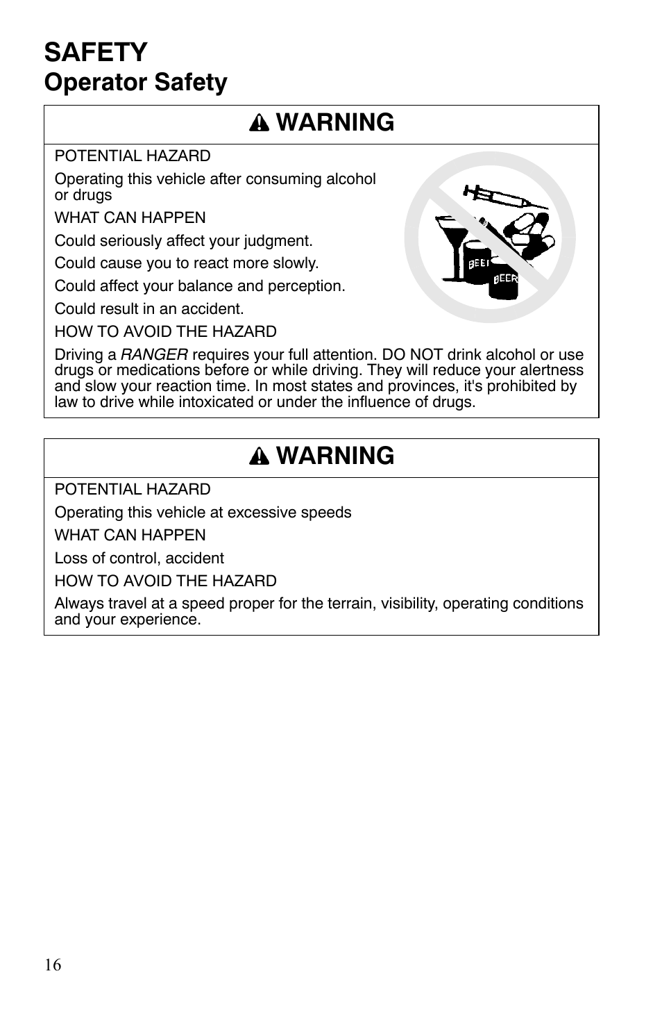 Safety, Operator safety warning, Warning | Polaris 2008 Ranger Crew User Manual | Page 19 / 132