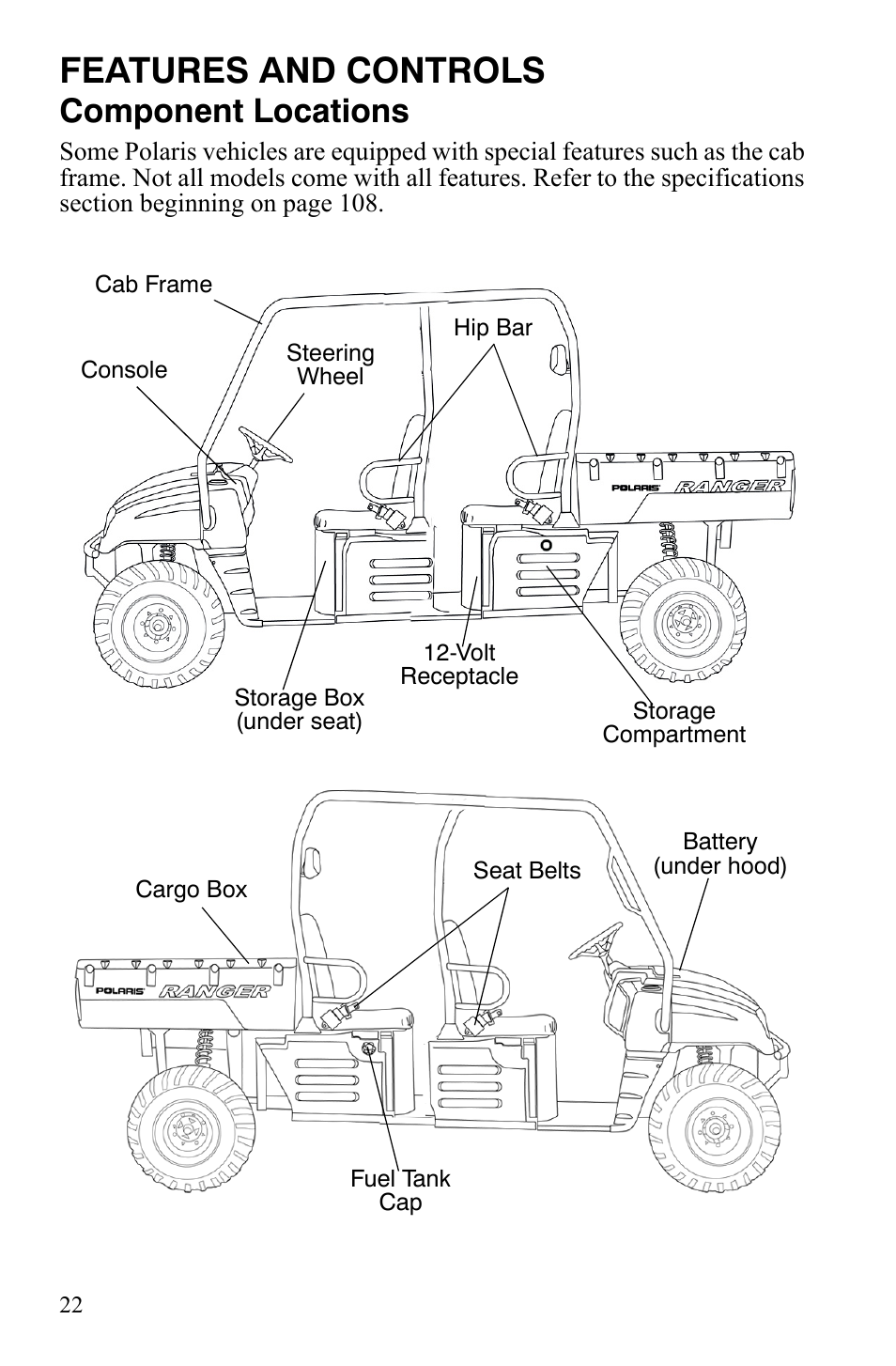 Features and controls, Component locations | Polaris 2008 Ranger Crew User Manual | Page 25 / 132