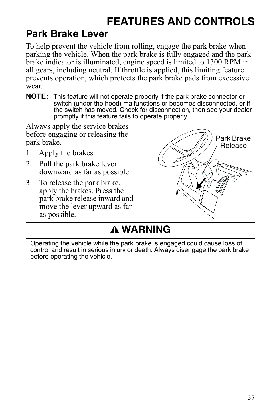 Features and controls, Park brake lever, Warning | Polaris 2008 Ranger Crew User Manual | Page 40 / 132