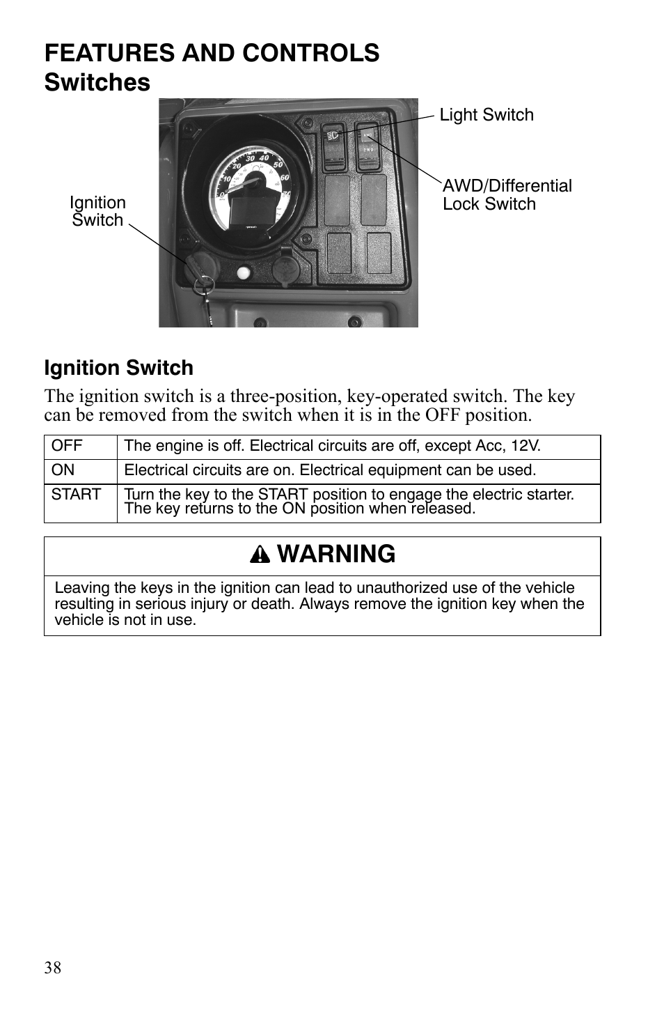 Features and controls switches, Warning, Ignition switch | Polaris 2008 Ranger Crew User Manual | Page 41 / 132