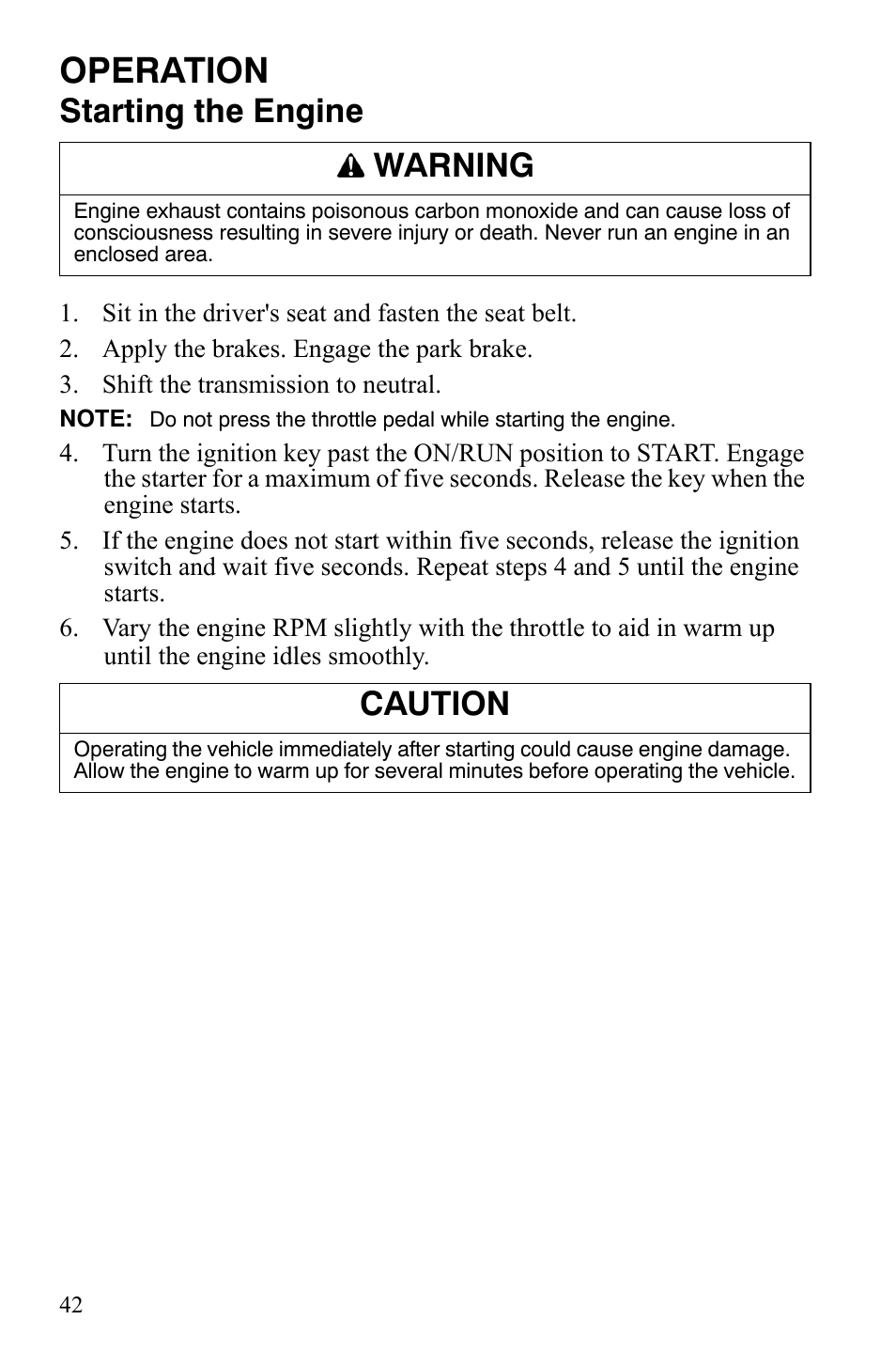 Operation, Starting the engine, Warning | Caution | Polaris 2008 Ranger Crew User Manual | Page 45 / 132