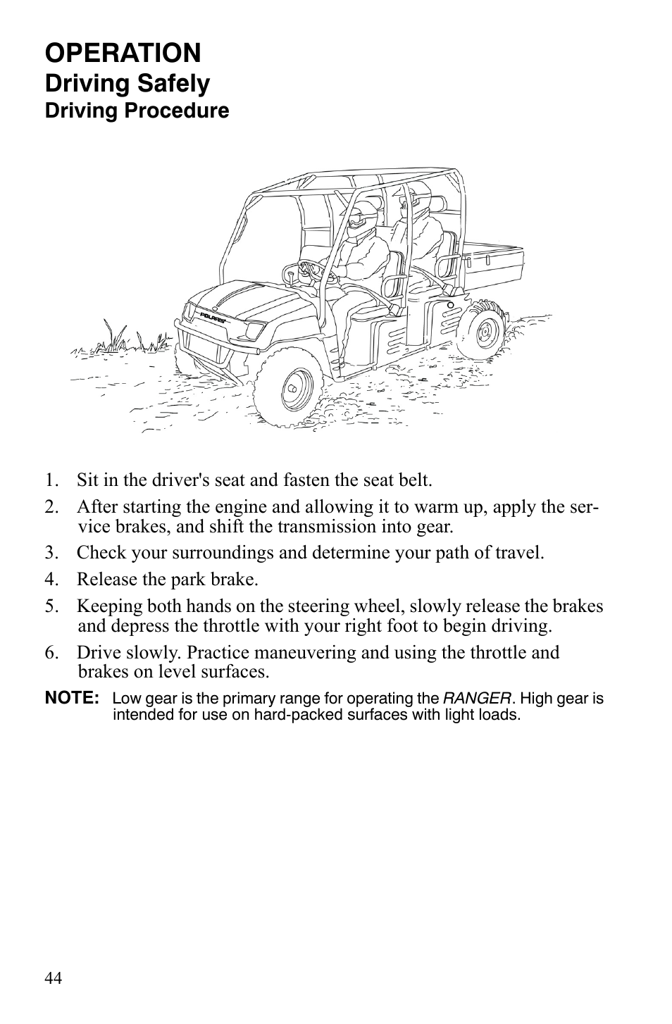 Operation, Driving safely | Polaris 2008 Ranger Crew User Manual | Page 47 / 132