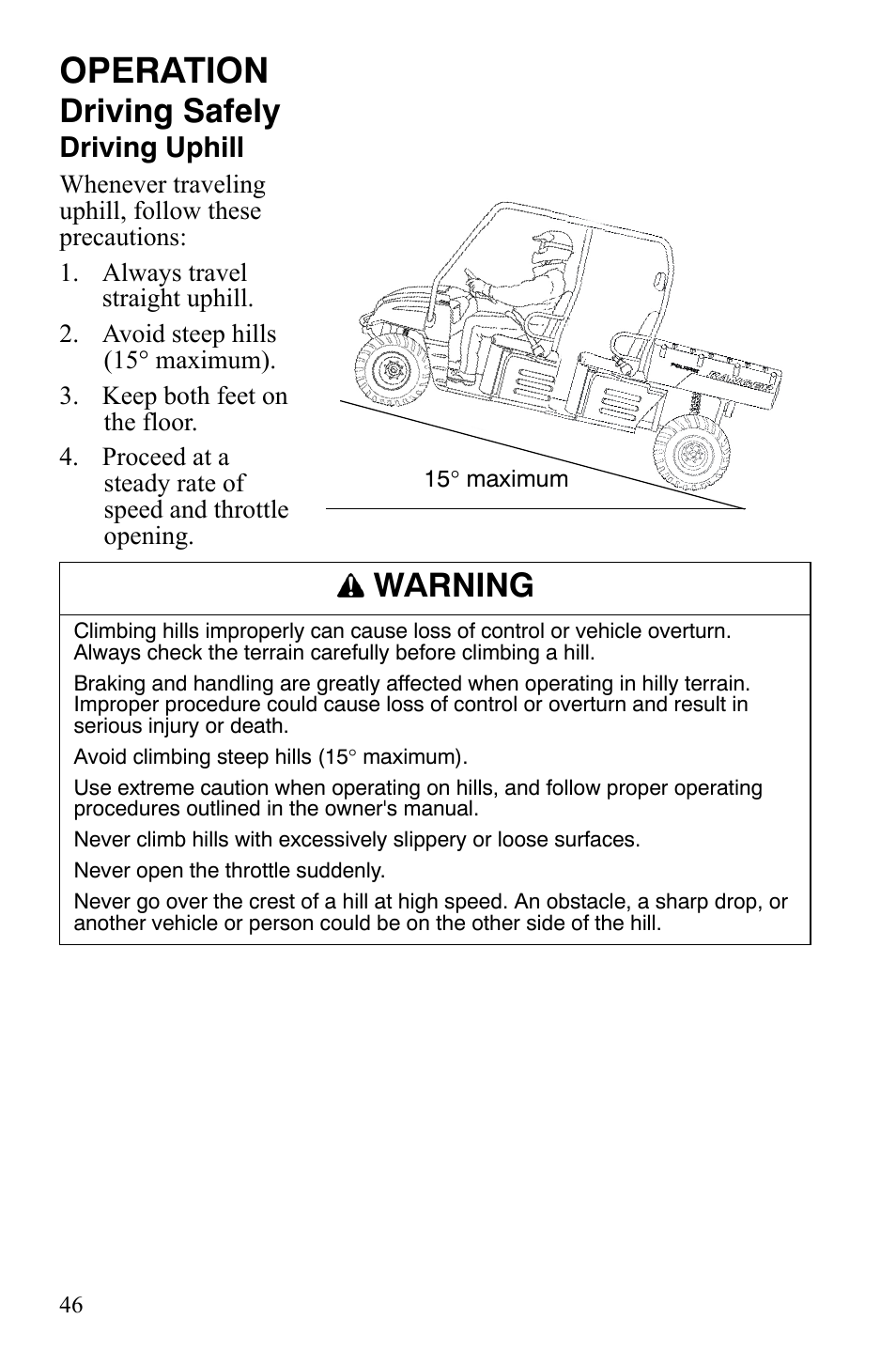 Operation, Driving safely, Warning | Polaris 2008 Ranger Crew User Manual | Page 49 / 132