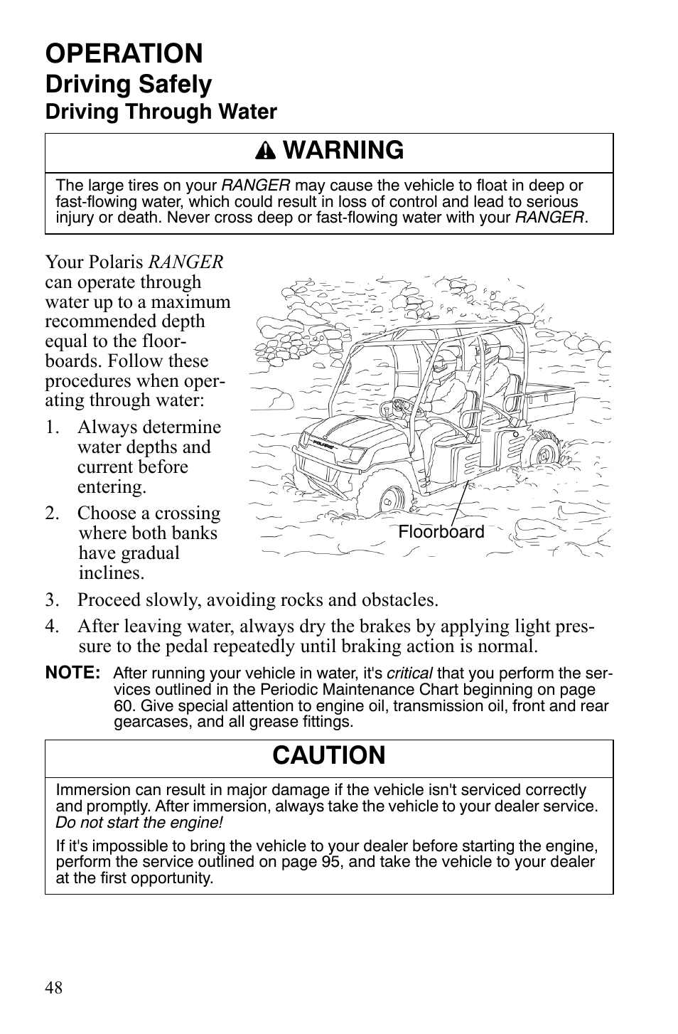 Operation, Driving safely, Warning | Caution, Driving through water | Polaris 2008 Ranger Crew User Manual | Page 51 / 132