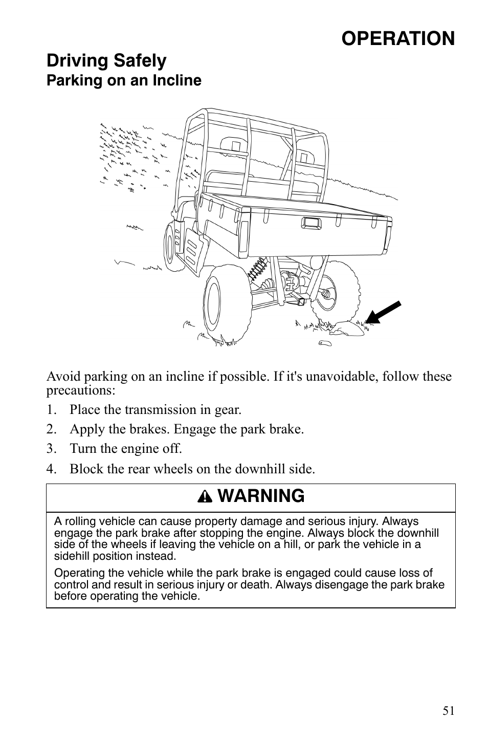 Operation, Driving safely, Warning | Polaris 2008 Ranger Crew User Manual | Page 54 / 132