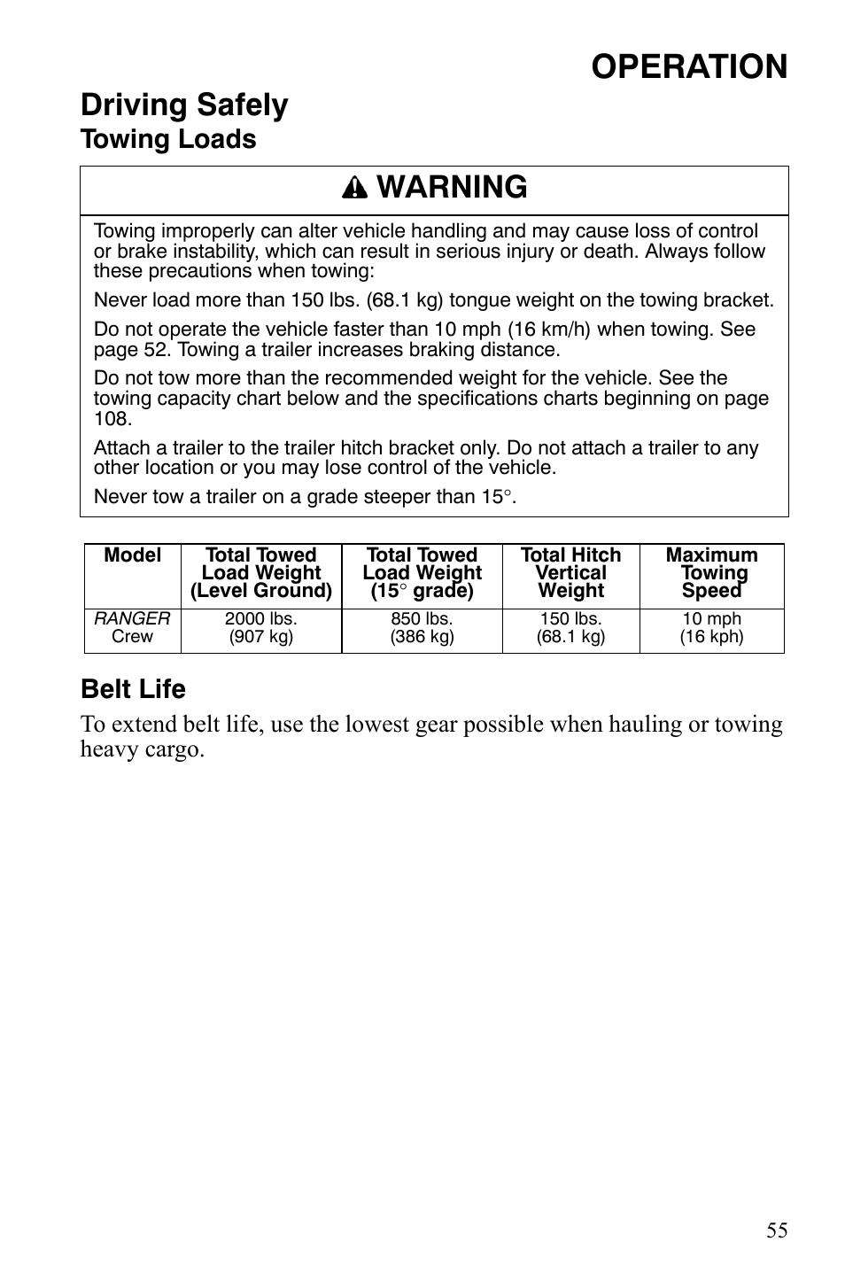 Operation, Driving safely, Warning | Towing loads belt life | Polaris 2008 Ranger Crew User Manual | Page 58 / 132