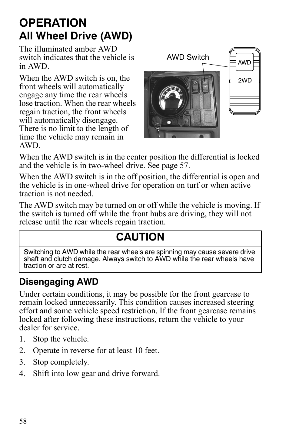 Operation, All wheel drive (awd), Caution | Polaris 2008 Ranger Crew User Manual | Page 61 / 132