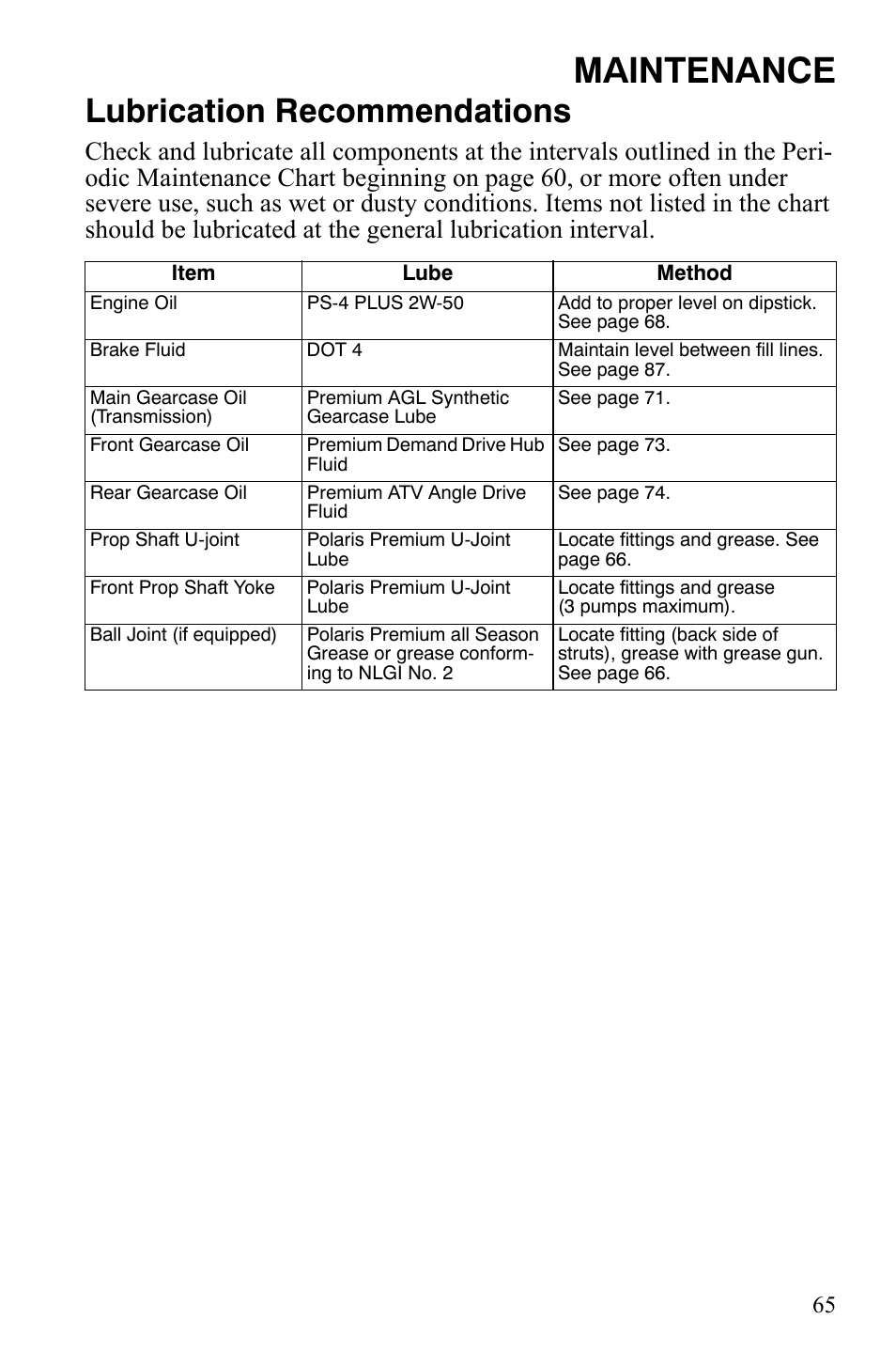 Maintenance, Lubrication recommendations | Polaris 2008 Ranger Crew User Manual | Page 68 / 132