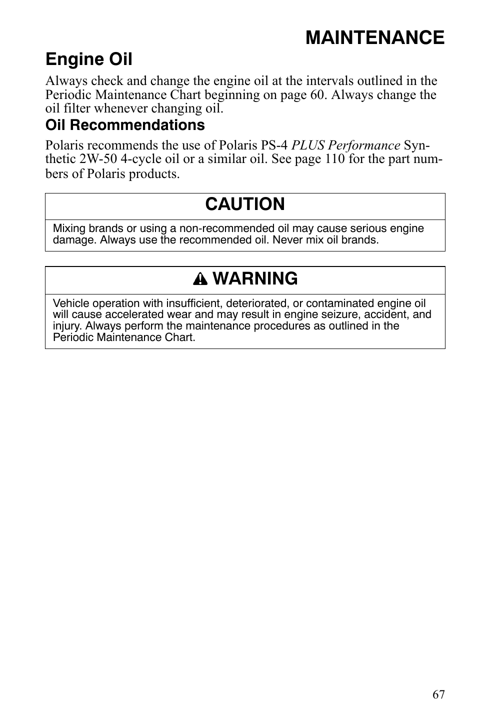 Maintenance, Engine oil, Caution | Warning | Polaris 2008 Ranger Crew User Manual | Page 70 / 132