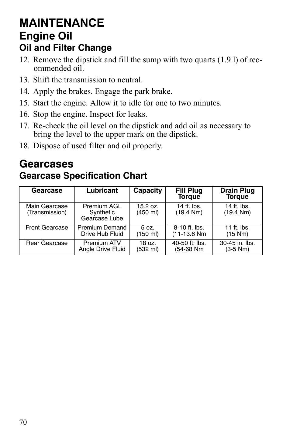 Maintenance, Engine oil, Gearcases | Oil and filter change, Gearcase specification chart | Polaris 2008 Ranger Crew User Manual | Page 73 / 132