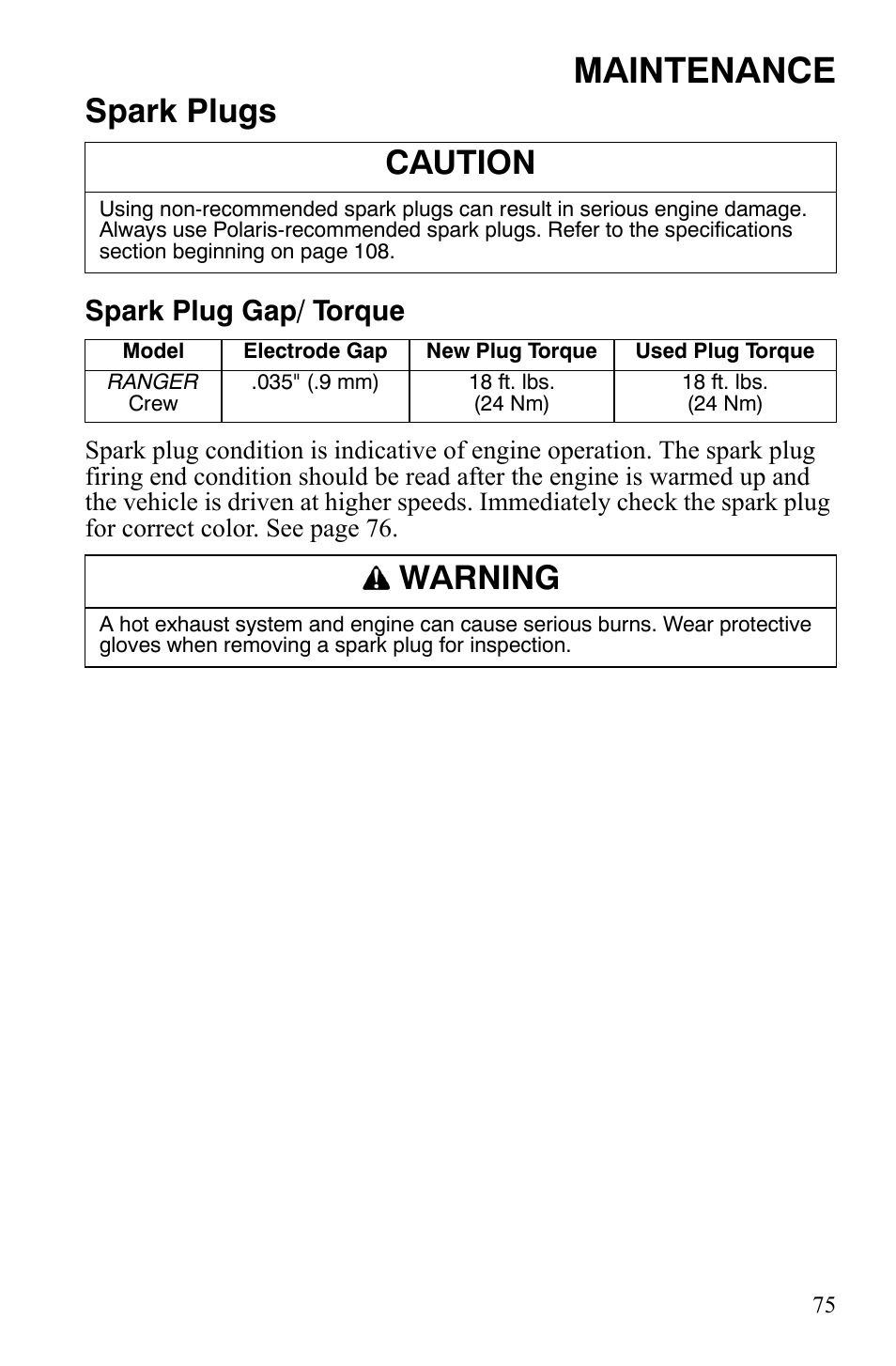 Maintenance, Spark plugs, Caution | Warning, Spark plug gap/ torque | Polaris 2008 Ranger Crew User Manual | Page 78 / 132