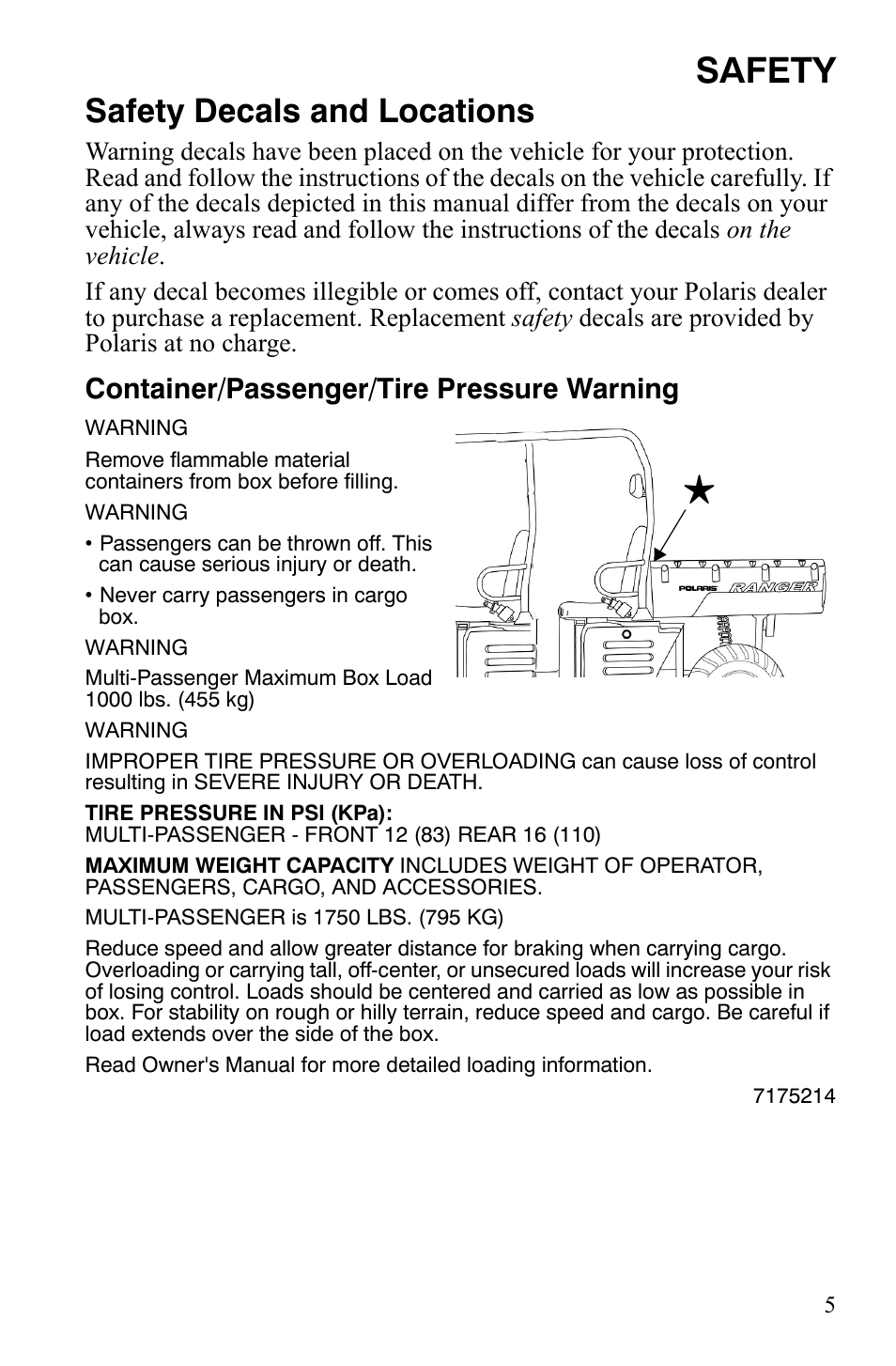 Safety, Safety decals and locations, Container/passenger/tire pressure warning | Polaris 2008 Ranger Crew User Manual | Page 8 / 132