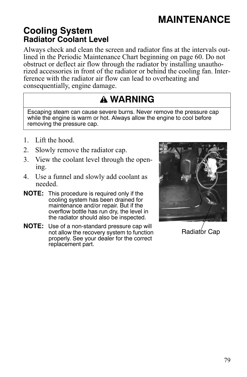 Maintenance, Cooling system, Warning | Radiator coolant level | Polaris 2008 Ranger Crew User Manual | Page 82 / 132