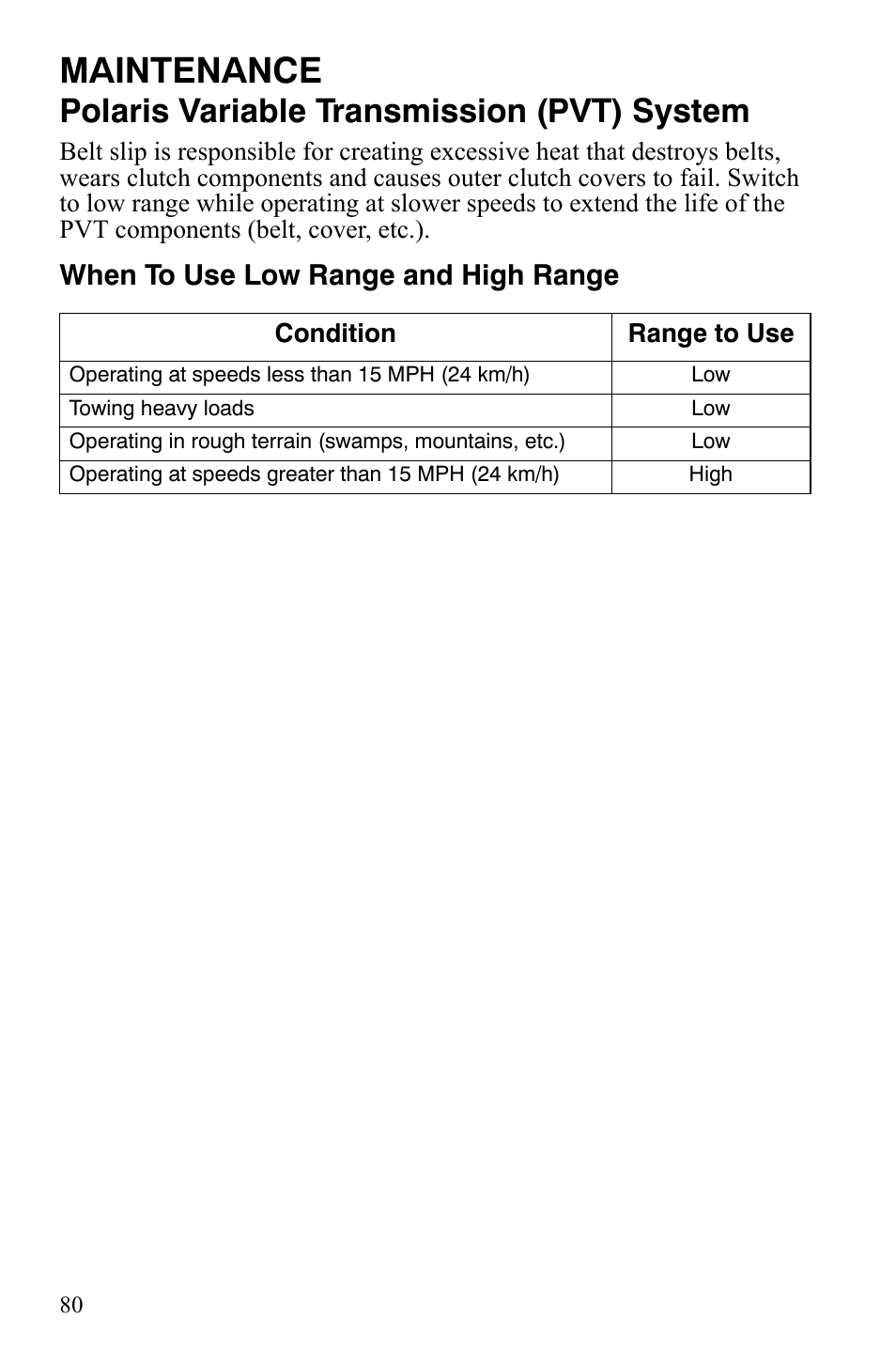 Maintenance, Polaris variable transmission (pvt) system, When to use low range and high range | Polaris 2008 Ranger Crew User Manual | Page 83 / 132