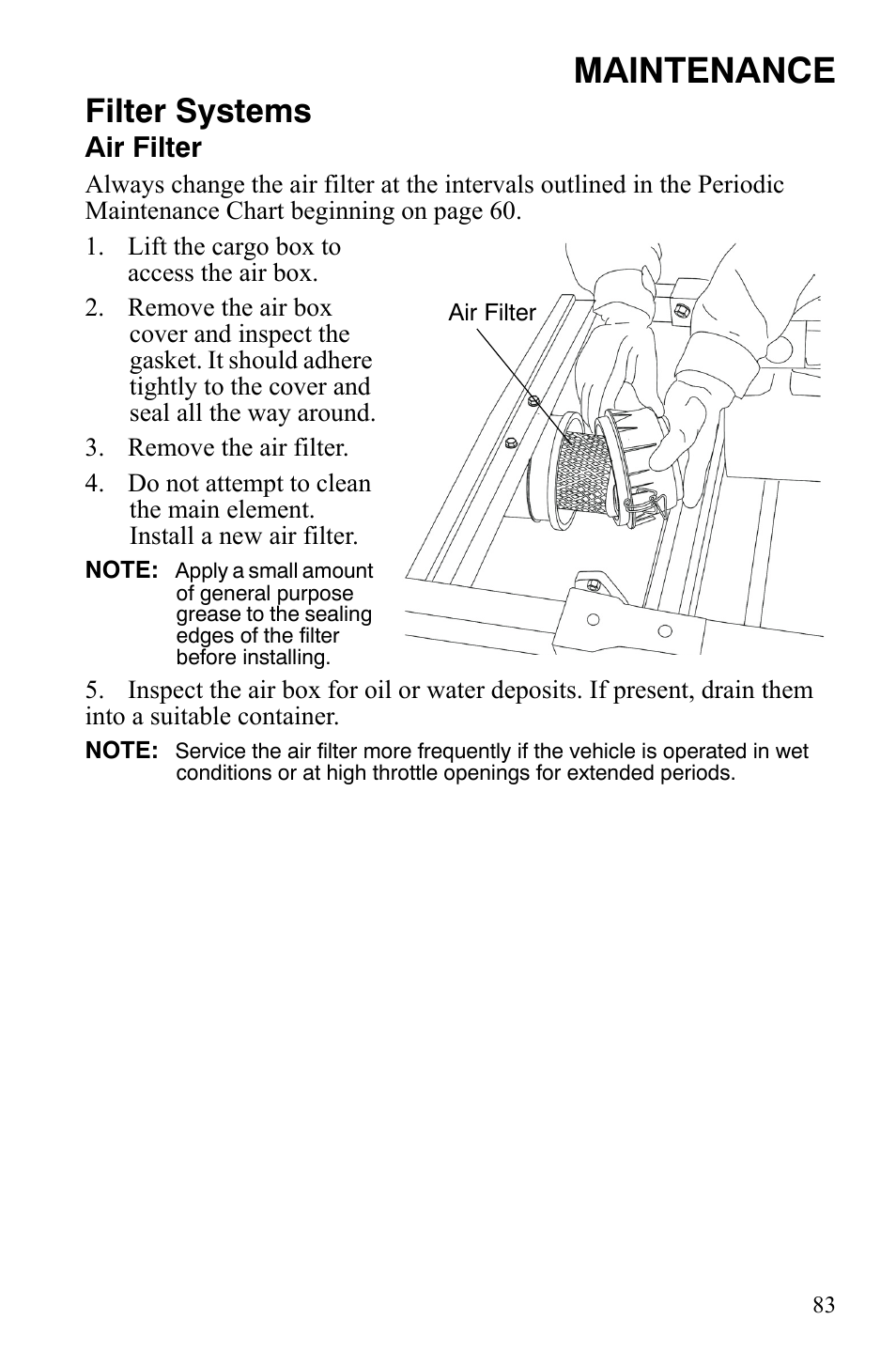 Maintenance, Filter systems, Air filter | Polaris 2008 Ranger Crew User Manual | Page 86 / 132