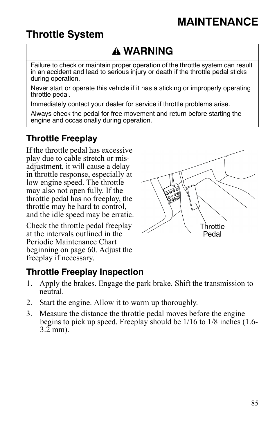 Maintenance, Throttle system, Warning | Polaris 2008 Ranger Crew User Manual | Page 88 / 132