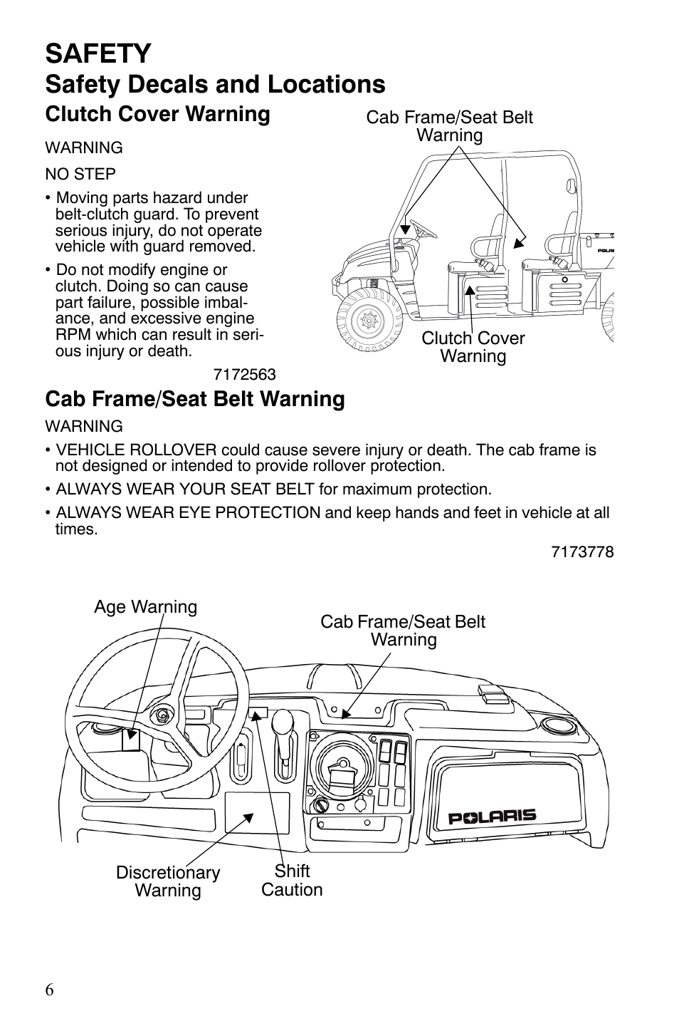 Safety, Safety decals and locations, Clutch cover warning | Cab frame/seat belt warning | Polaris 2008 Ranger Crew User Manual | Page 9 / 132