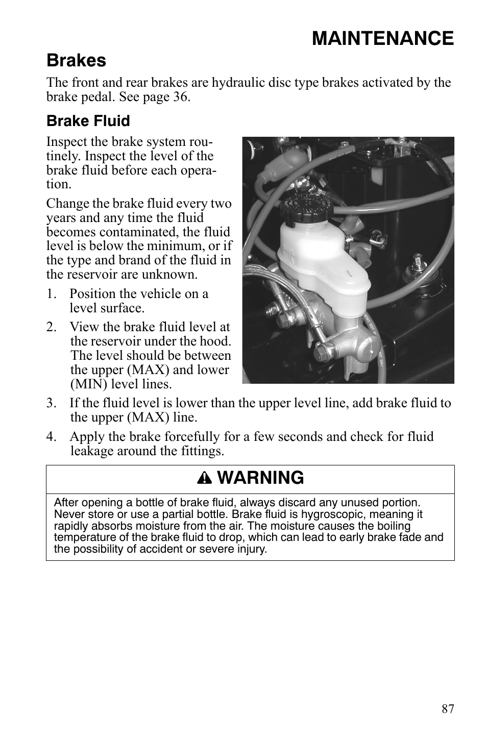 Maintenance, Brakes, Warning | Polaris 2008 Ranger Crew User Manual | Page 90 / 132