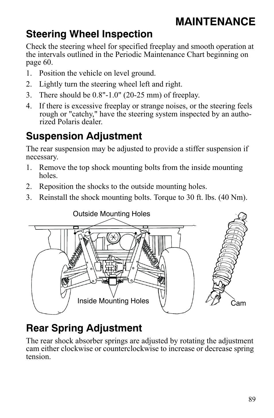 Maintenance, Steering wheel inspection, Suspension adjustment | Rear spring adjustment | Polaris 2008 Ranger Crew User Manual | Page 92 / 132