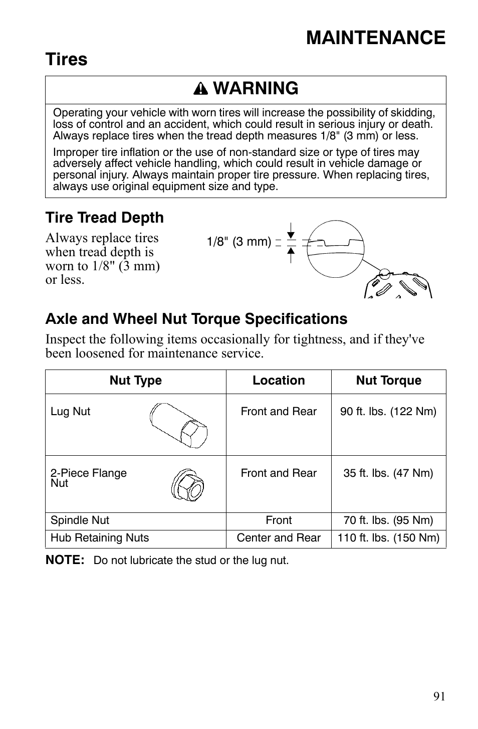 Maintenance, Tires, Warning | Tire tread depth, Axle and wheel nut torque specifications | Polaris 2008 Ranger Crew User Manual | Page 94 / 132