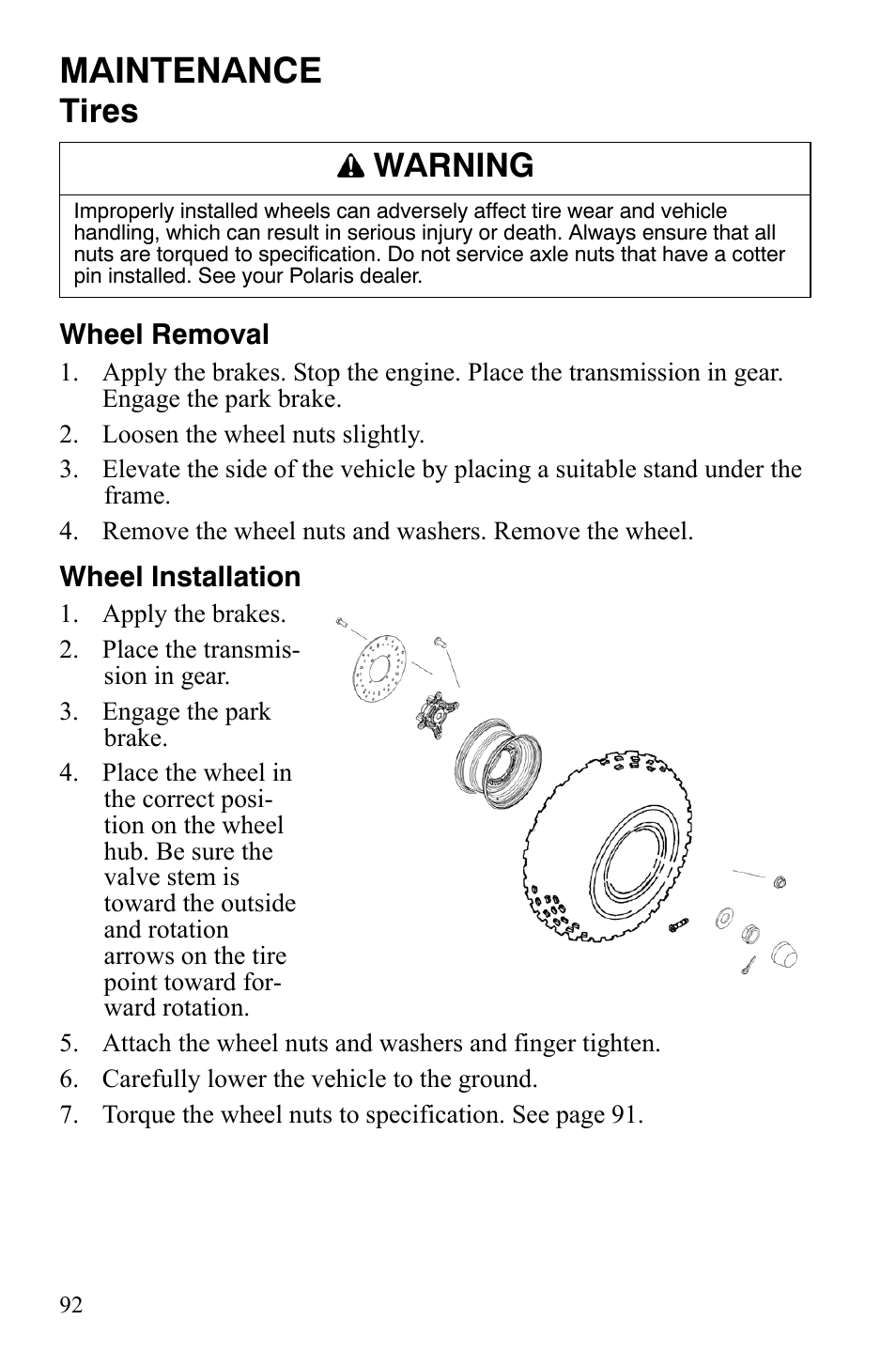 Maintenance, Tires, Warning | Polaris 2008 Ranger Crew User Manual | Page 95 / 132