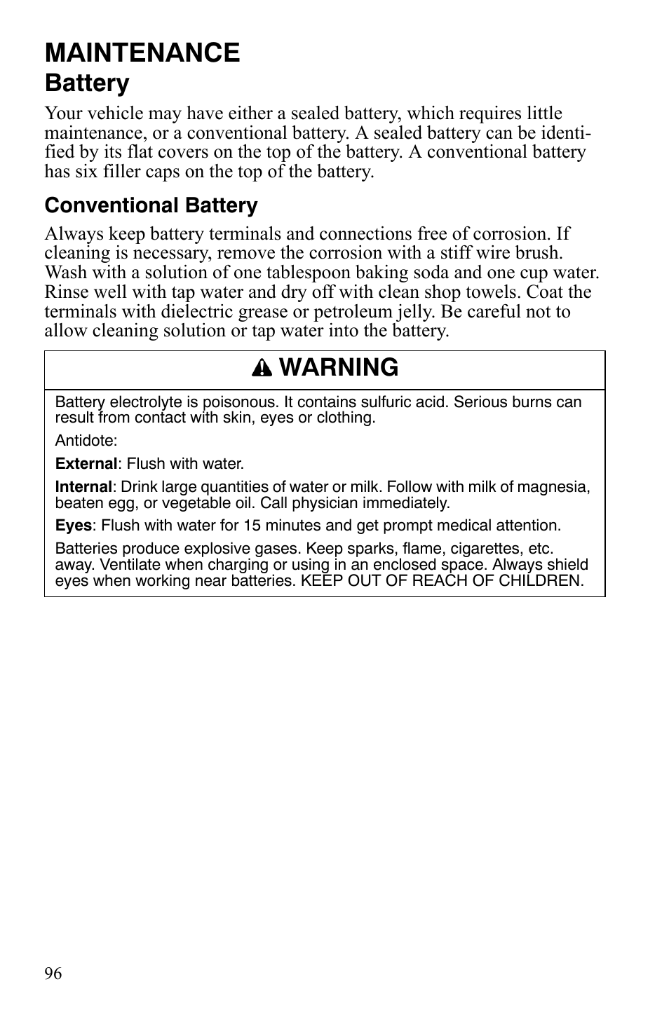 Maintenance, Battery, Warning | Polaris 2008 Ranger Crew User Manual | Page 99 / 132