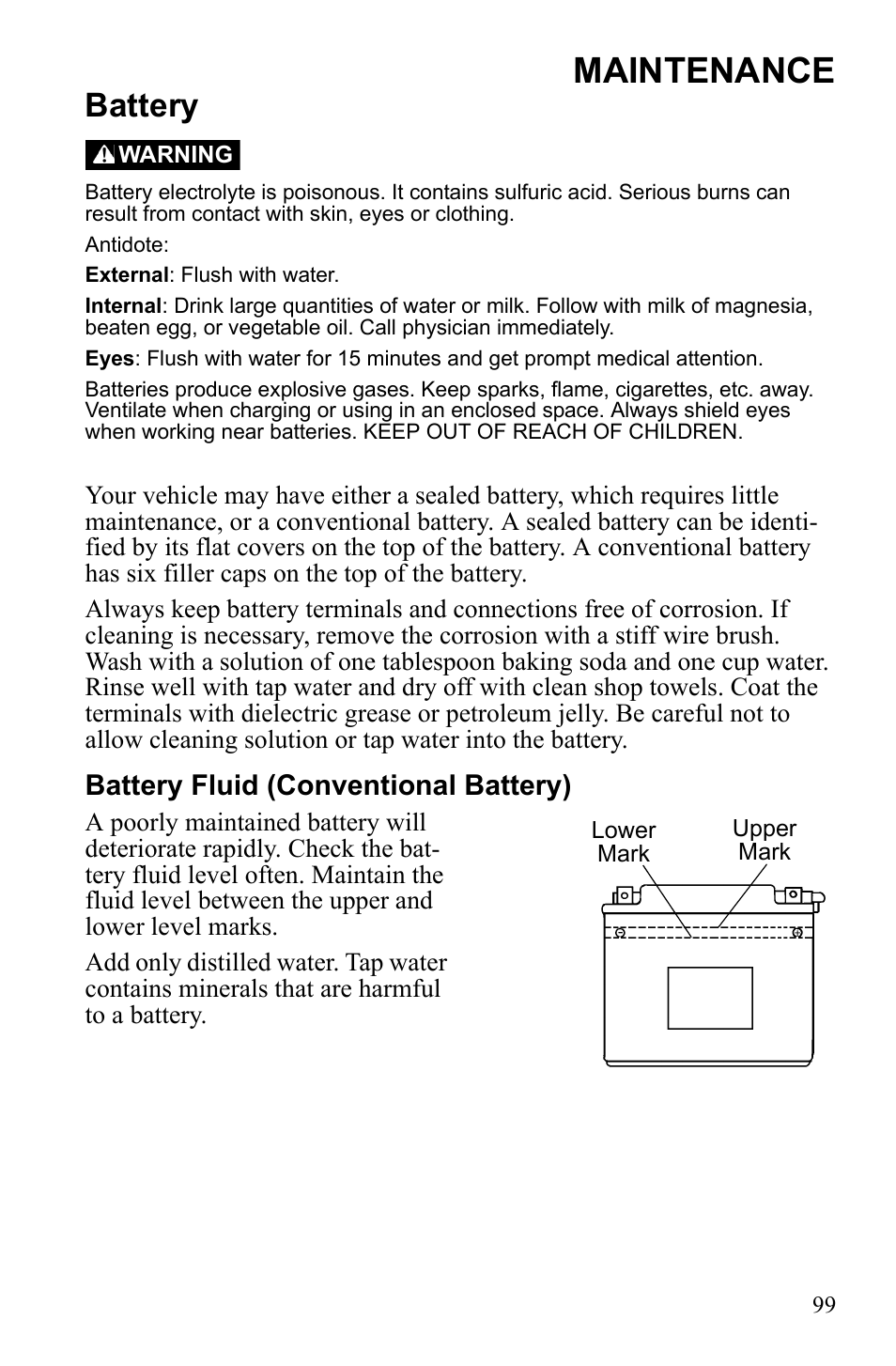 Maintenance, Battery, Battery fluid (conventional battery) | Polaris 2010 Ranger XP User Manual | Page 103 / 139