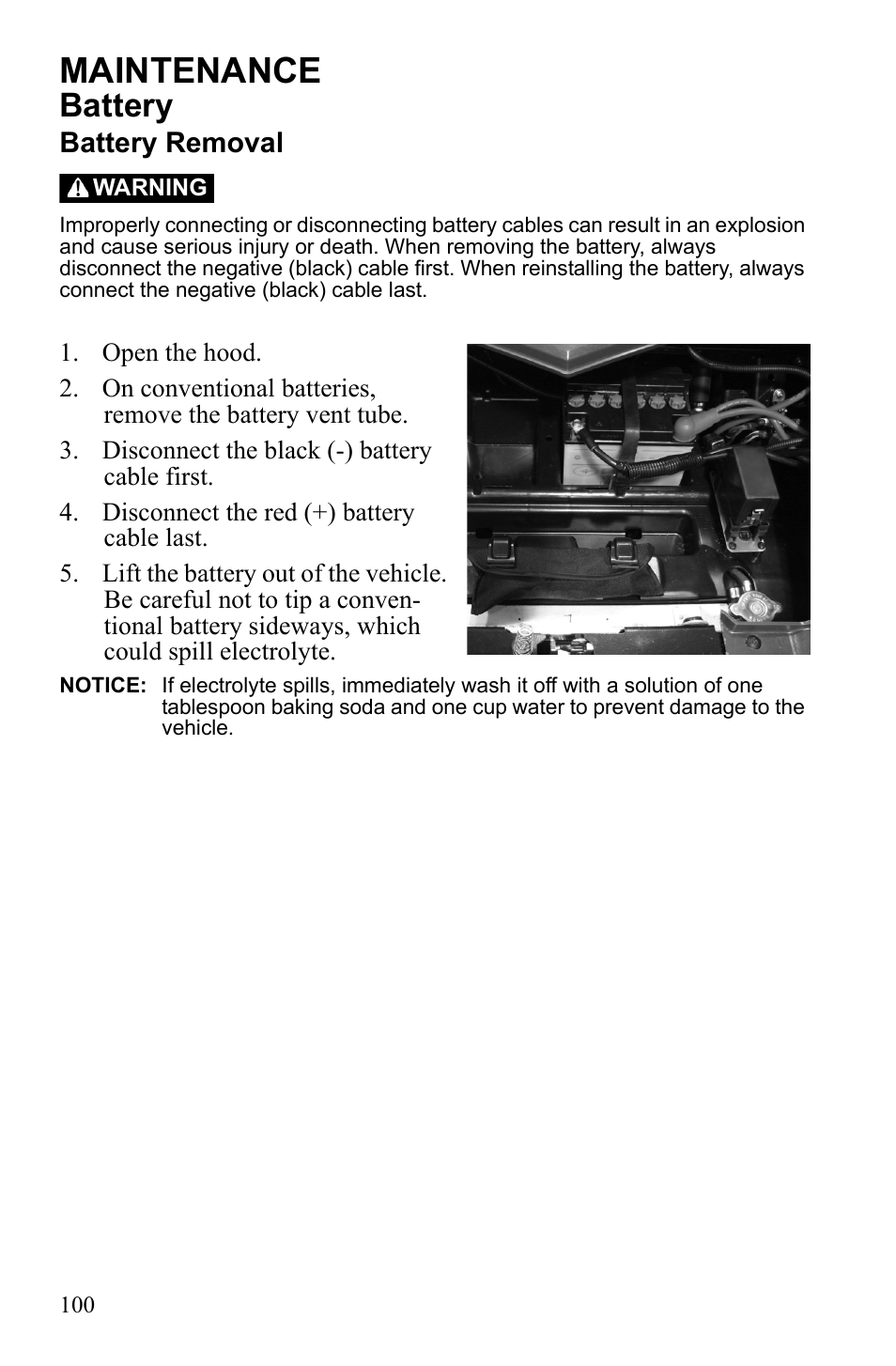 Maintenance, Battery, Battery removal | Polaris 2010 Ranger XP User Manual | Page 104 / 139