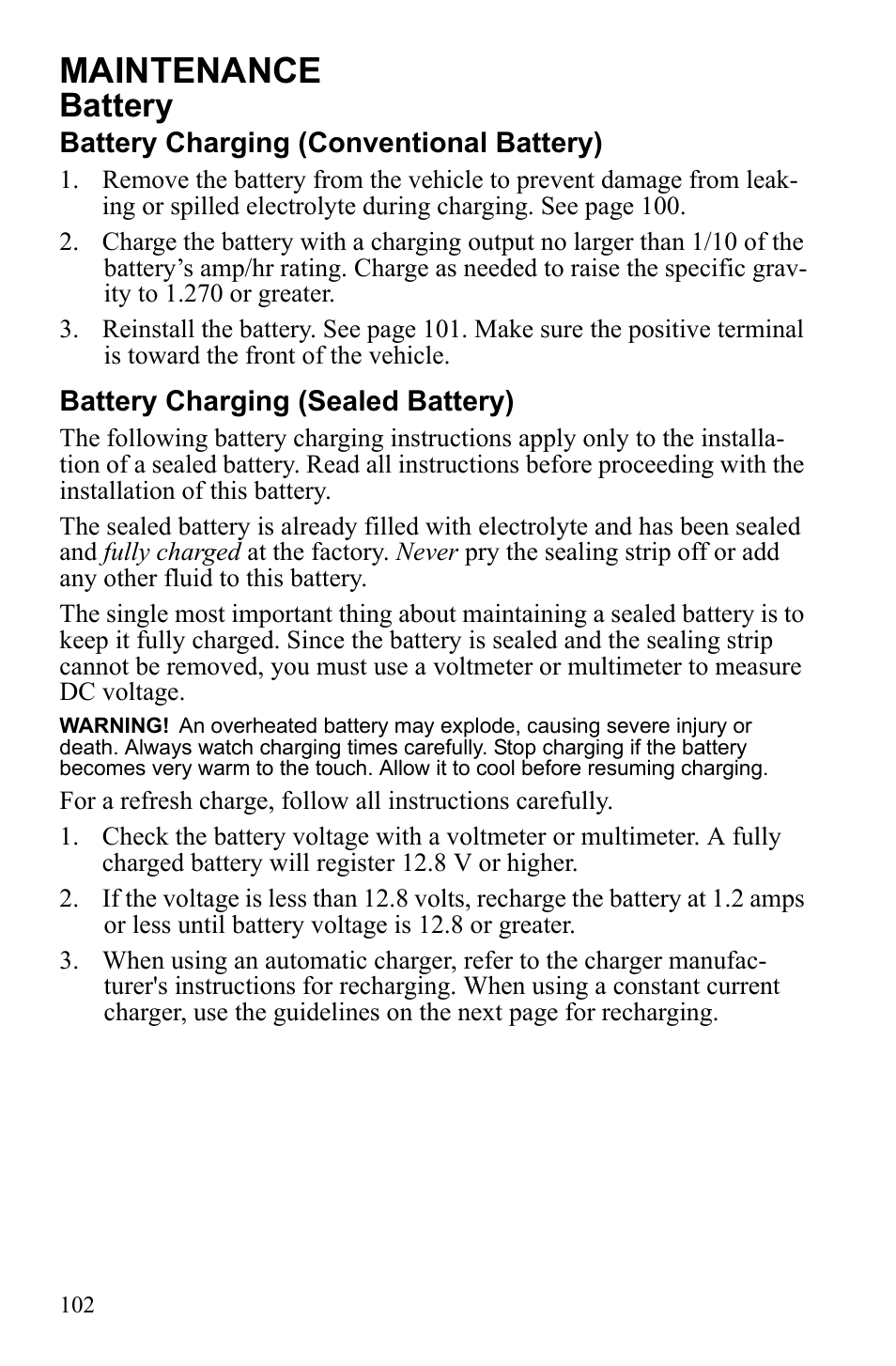 Maintenance, Battery | Polaris 2010 Ranger XP User Manual | Page 106 / 139