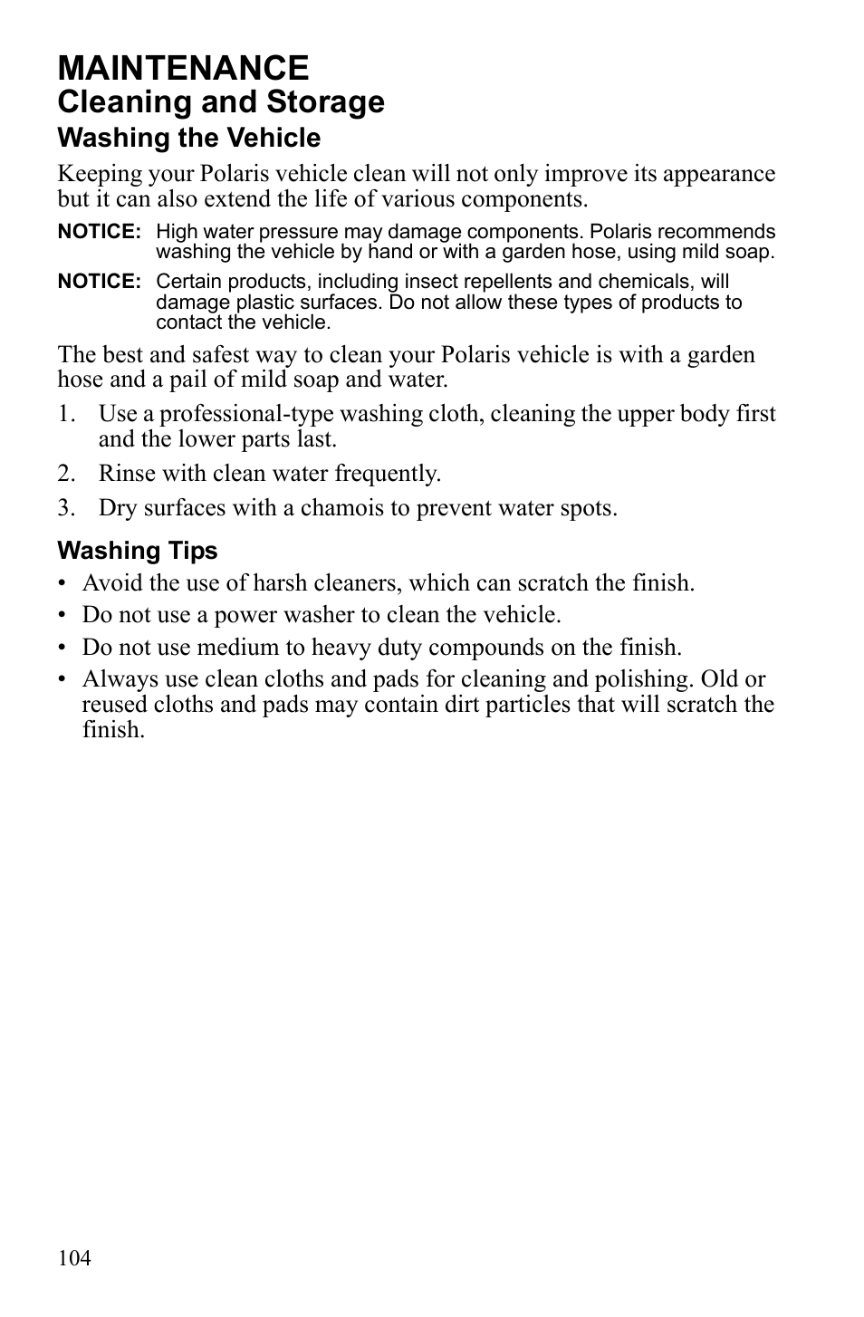 Maintenance, Cleaning and storage | Polaris 2010 Ranger XP User Manual | Page 108 / 139