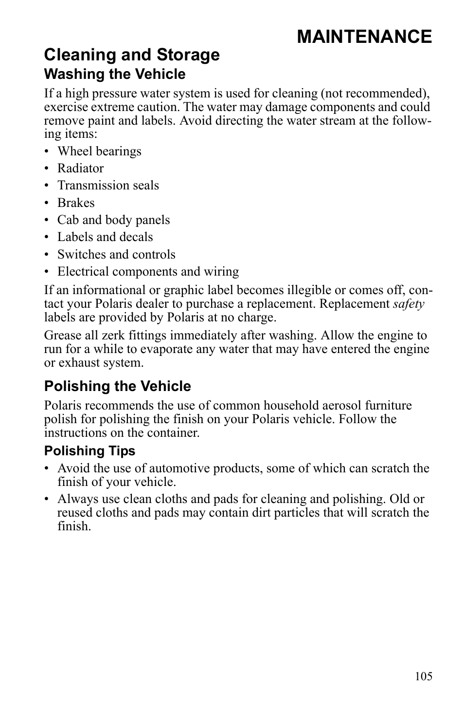 Maintenance, Cleaning and storage | Polaris 2010 Ranger XP User Manual | Page 109 / 139