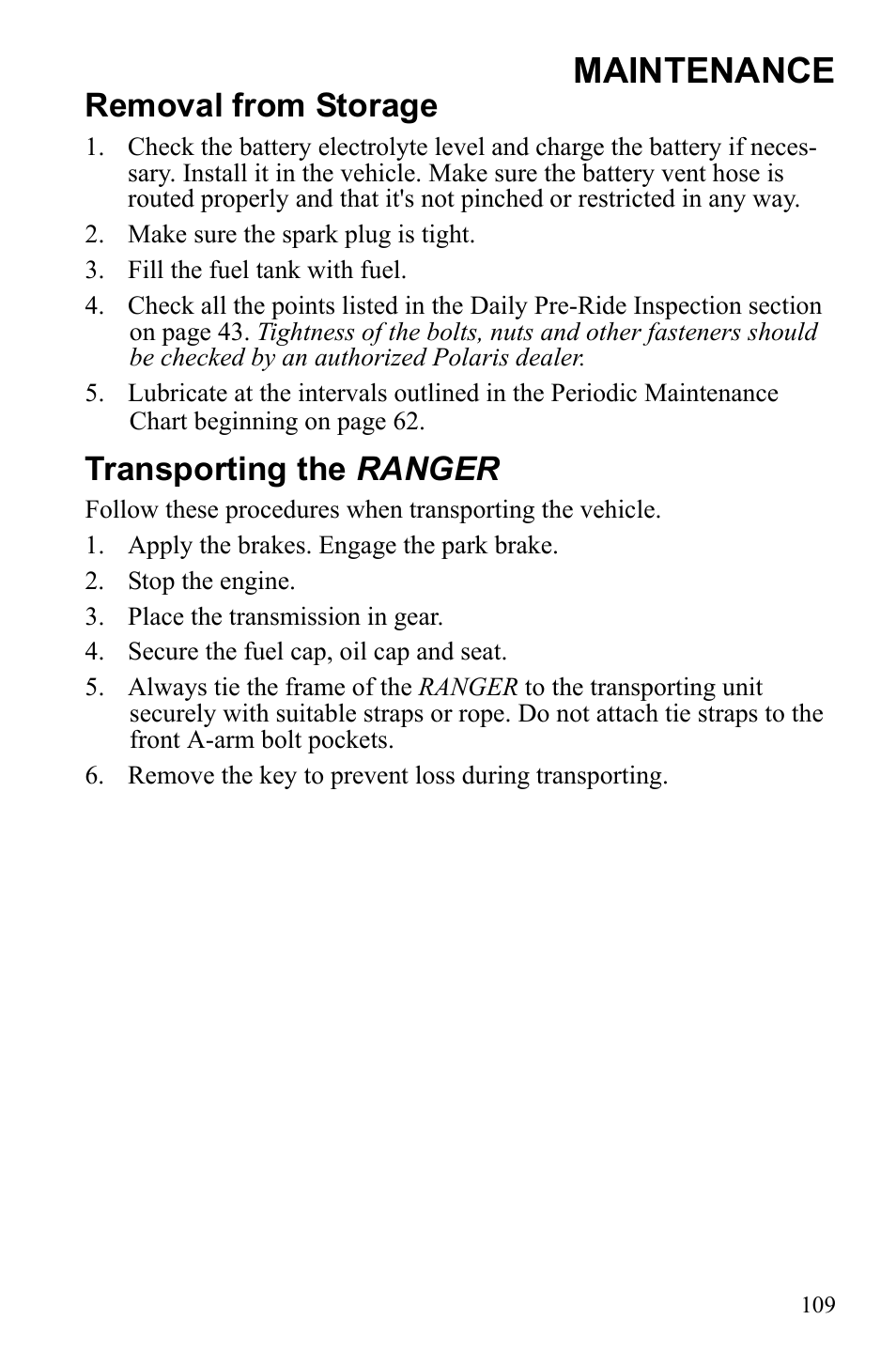 Maintenance, Removal from storage, Transporting the ranger | Polaris 2010 Ranger XP User Manual | Page 113 / 139