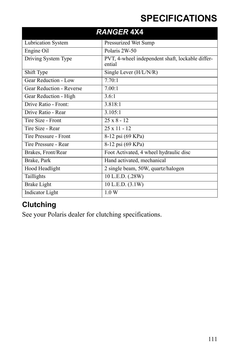 Specifications, Clutching, Ranger 4x4 | Polaris 2010 Ranger XP User Manual | Page 115 / 139