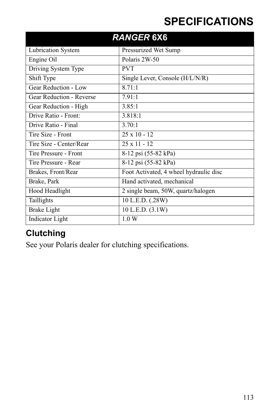 Specifications, Clutching, Ranger 6x6 | Polaris 2010 Ranger XP User Manual | Page 117 / 139