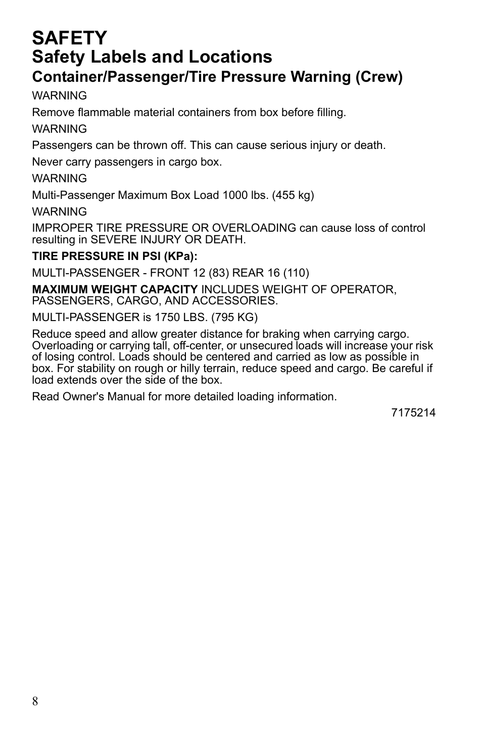 Safety, Safety labels and locations, Container/passenger/tire pressure warning (crew) | Polaris 2010 Ranger XP User Manual | Page 12 / 139
