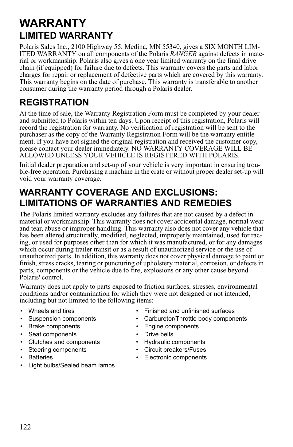 Warranty, Limited warranty, Registration | Polaris 2010 Ranger XP User Manual | Page 126 / 139