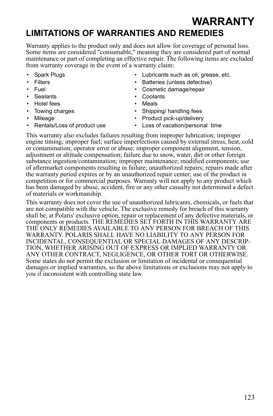 Warranty, Limitations of warranties and remedies | Polaris 2010 Ranger XP User Manual | Page 127 / 139