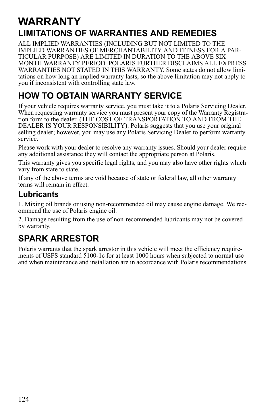 Warranty, Limitations of warranties and remedies, How to obtain warranty service | Spark arrestor | Polaris 2010 Ranger XP User Manual | Page 128 / 139