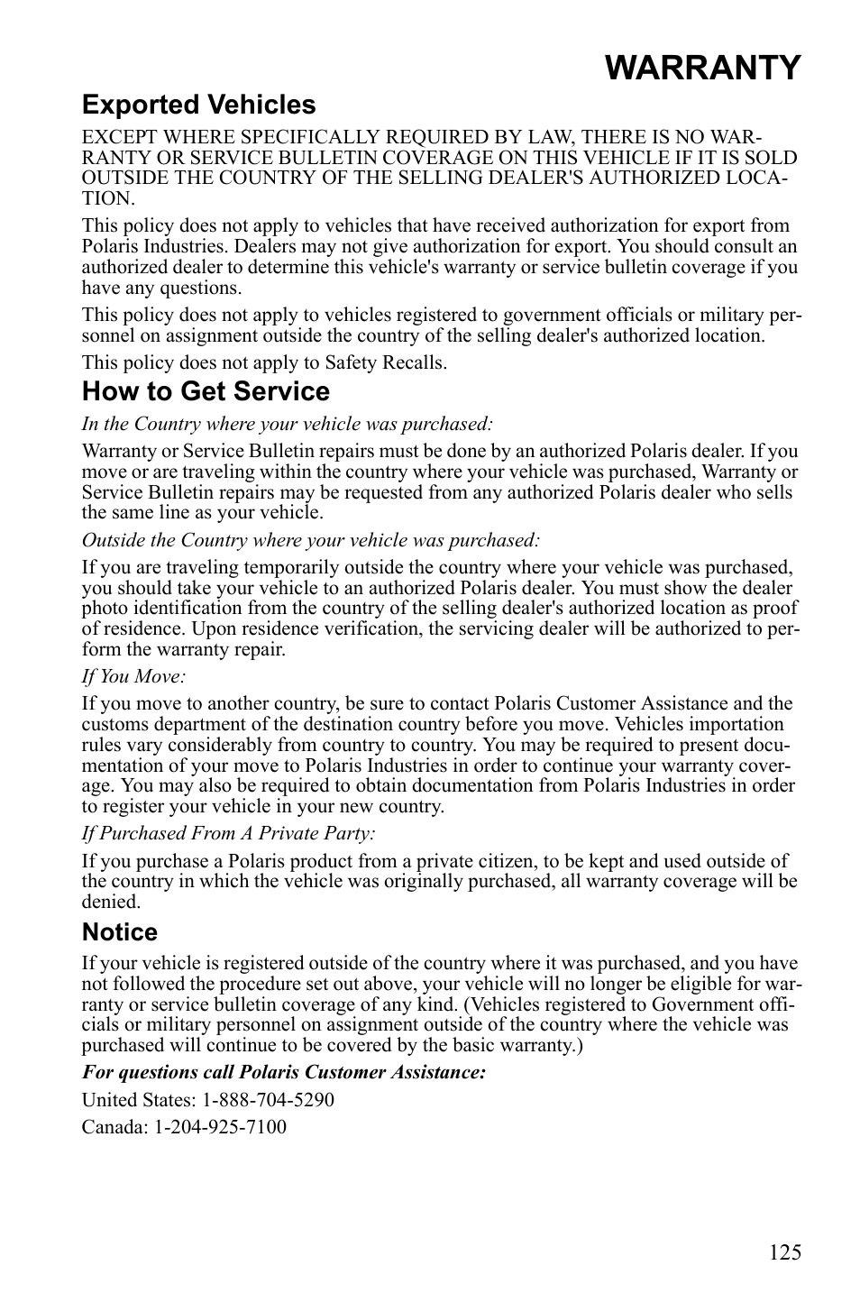 Warranty, Exported vehicles, How to get service | Notice | Polaris 2010 Ranger XP User Manual | Page 129 / 139