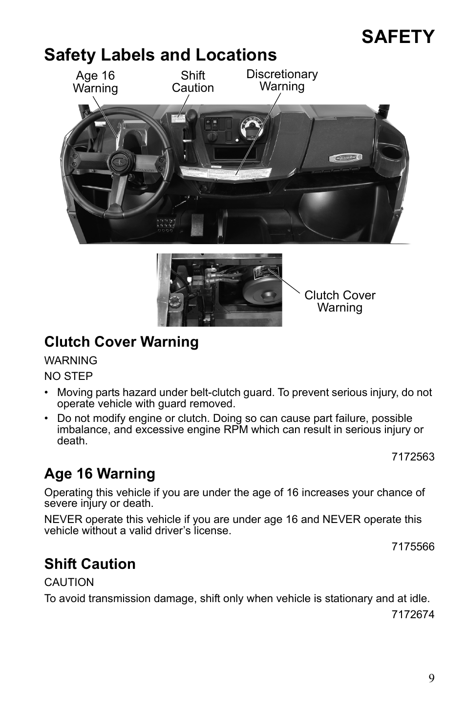 Safety, Safety labels and locations, Clutch cover warning | Age 16 warning, Shift caution | Polaris 2010 Ranger XP User Manual | Page 13 / 139