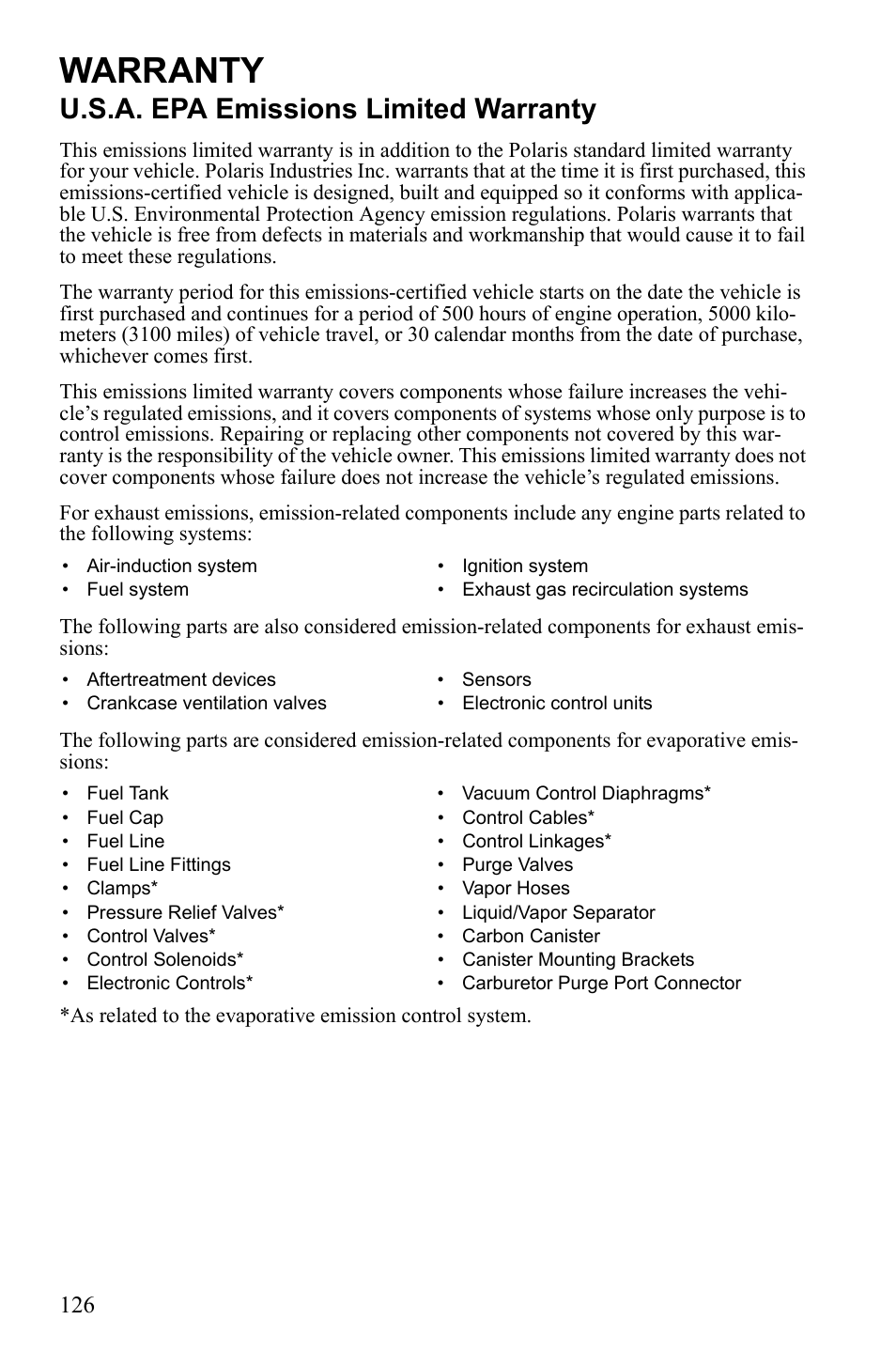 Warranty, U.s.a. epa emissions limited warranty | Polaris 2010 Ranger XP User Manual | Page 130 / 139