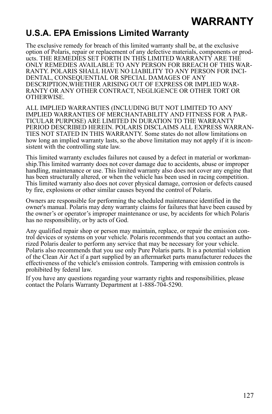 Warranty, U.s.a. epa emissions limited warranty | Polaris 2010 Ranger XP User Manual | Page 131 / 139