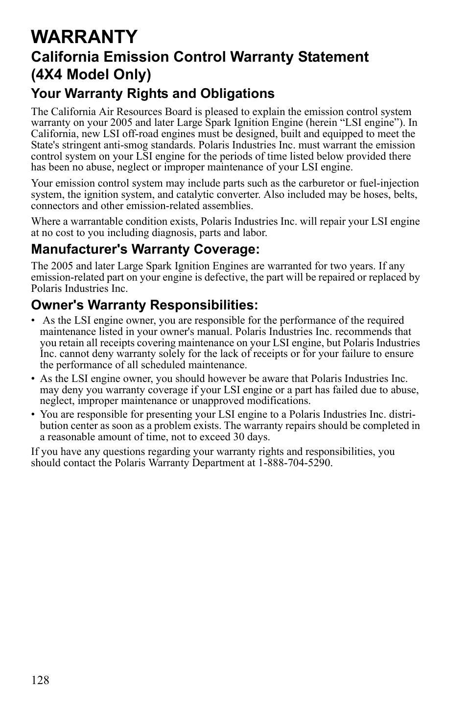 Warranty, Your warranty rights and obligations, Manufacturer's warranty coverage | Owner's warranty responsibilities | Polaris 2010 Ranger XP User Manual | Page 132 / 139