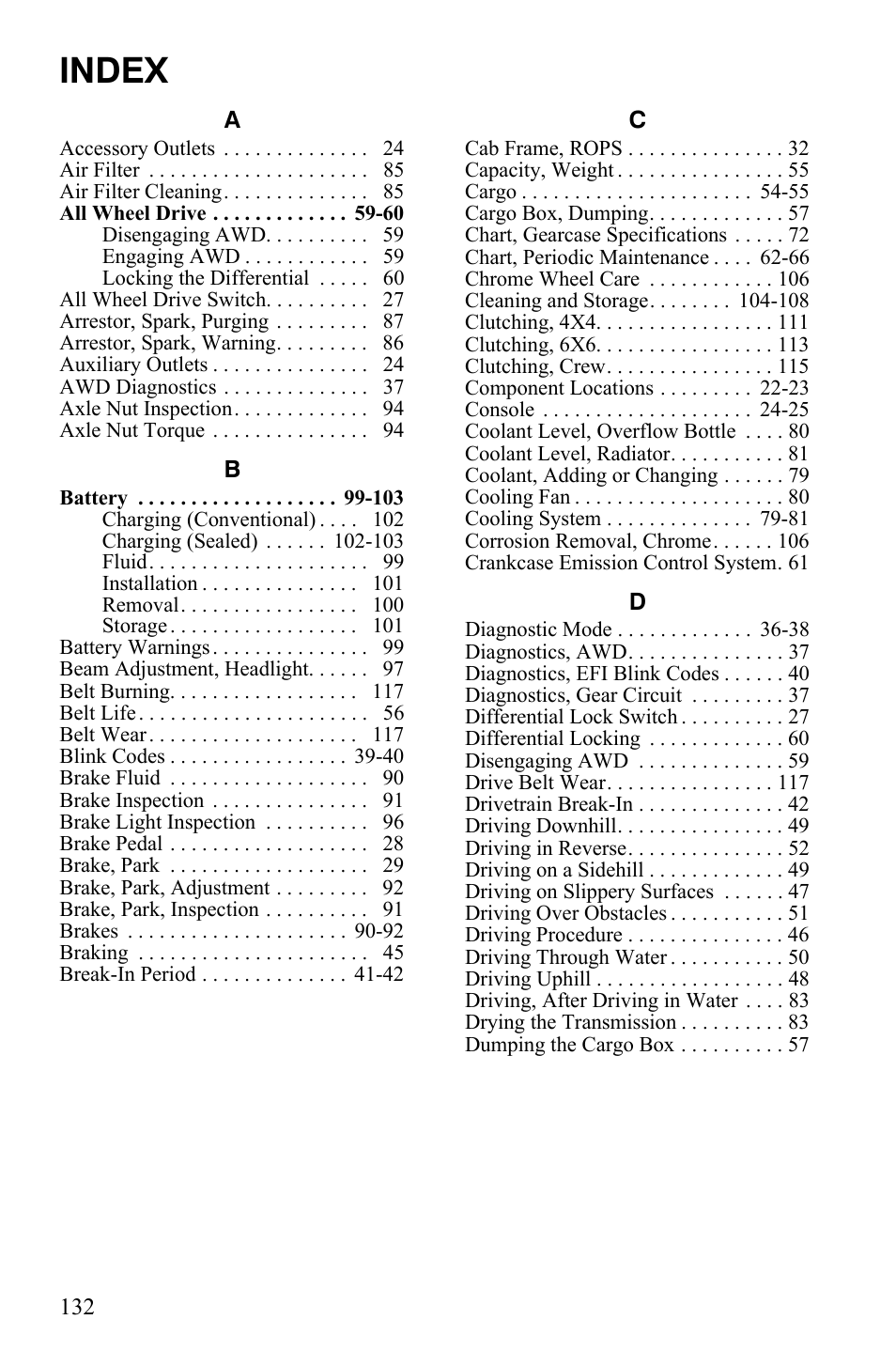 Index | Polaris 2010 Ranger XP User Manual | Page 136 / 139