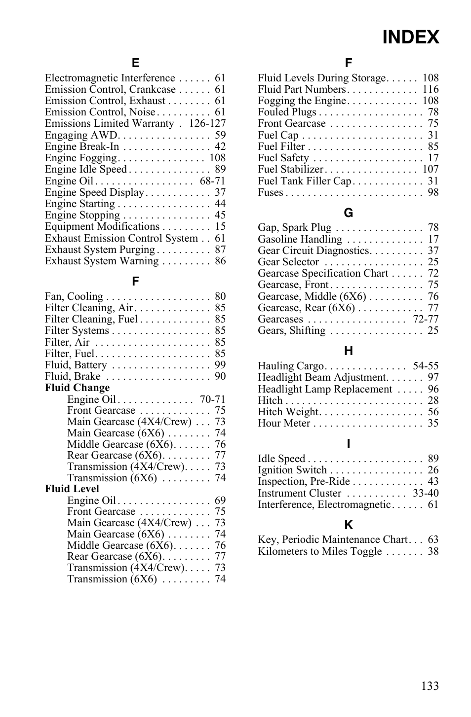 Index | Polaris 2010 Ranger XP User Manual | Page 137 / 139