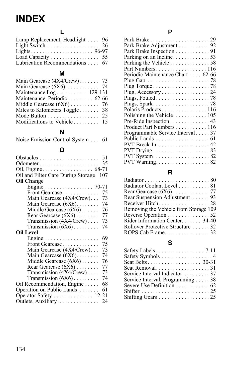 Index | Polaris 2010 Ranger XP User Manual | Page 138 / 139