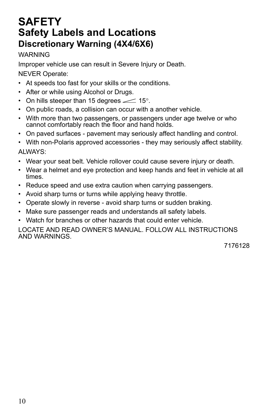 Safety, Safety labels and locations, Discretionary warning (4x4/6x6) | Polaris 2010 Ranger XP User Manual | Page 14 / 139